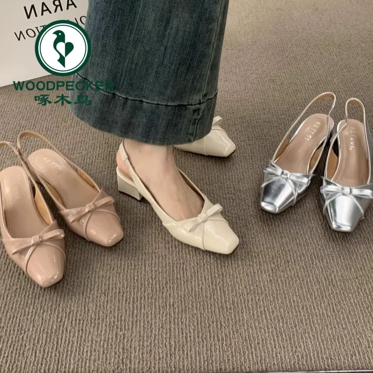 啄木鸟韩系仙女风蝴蝶结包头凉鞋夏季新款法式高跟鞋粗跟后空单鞋