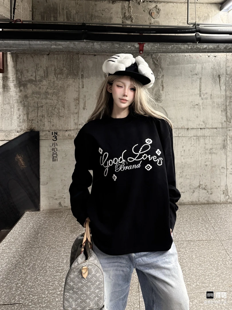 GOODBRAND 小花标语时尚感美式长袖打底衫2025FW GOOD LOVE男女款