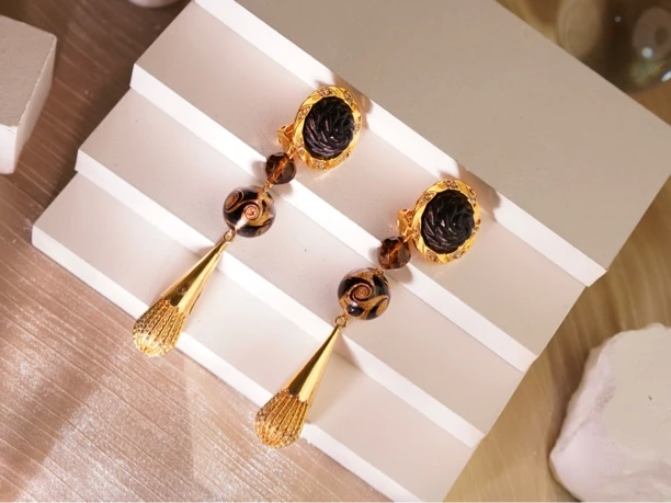 合金耳饰 Anka中古意产云纹金箔琉璃水滴扫肩款耳夹vintage不退换