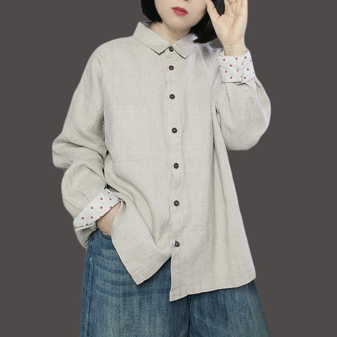 春秋雨露麻手工盘扣长袖亚麻外套女宽松衬衫