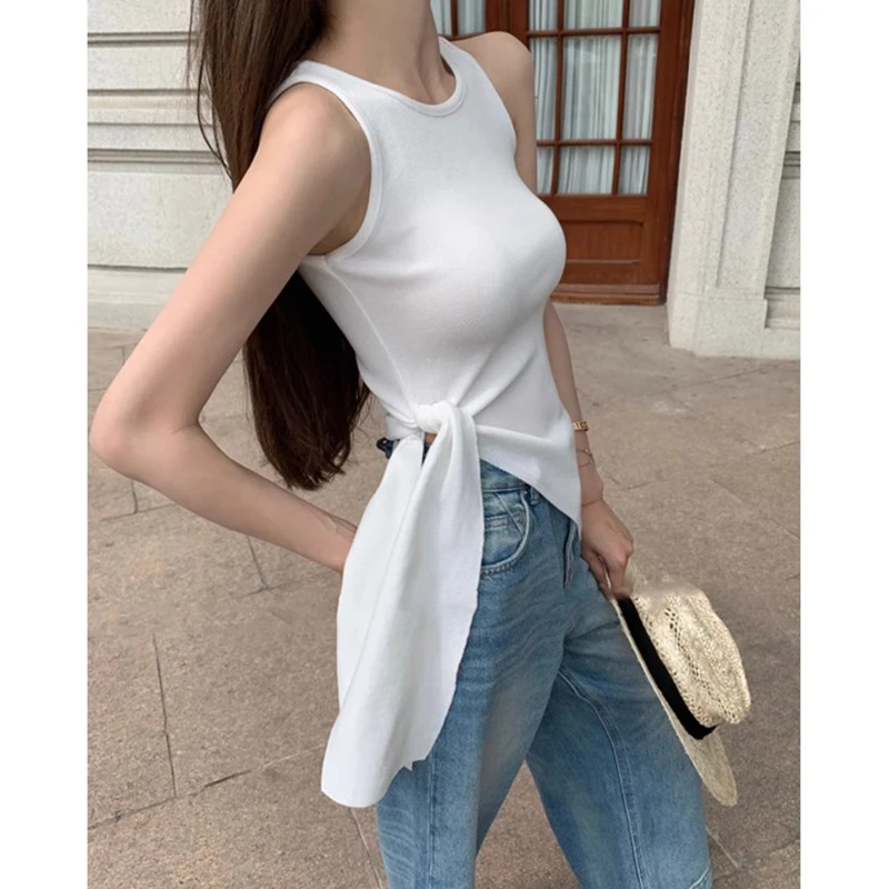 白色不规则收腰绑带冰丝针织吊带背心女夏季外穿修身显瘦无袖上衣