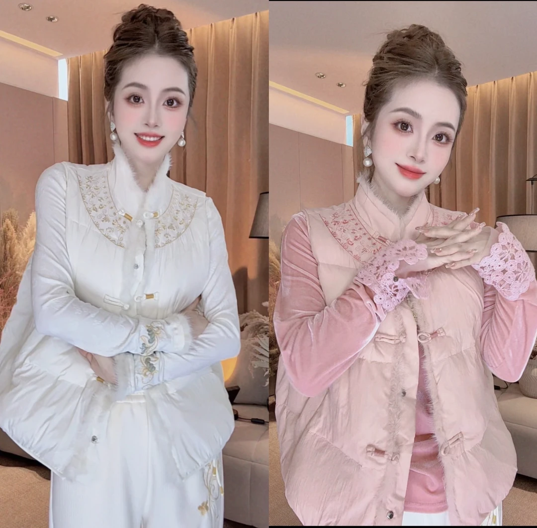 SS.studio/双双：“花好月圆”保暖女单排扣中国风双面立领无袖外穿