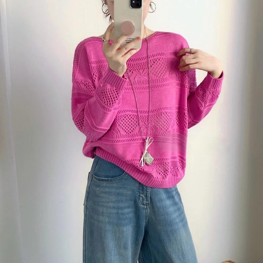 套头慵懒风长袖时尚针织衫提花镂空