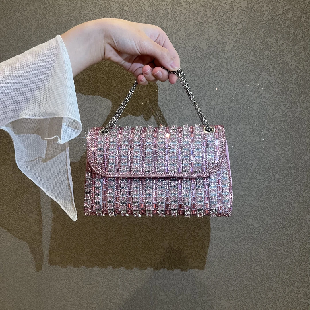 货号（3065）钻酒神包单肩斜挎手提包时尚粉色镶钻百搭链条包