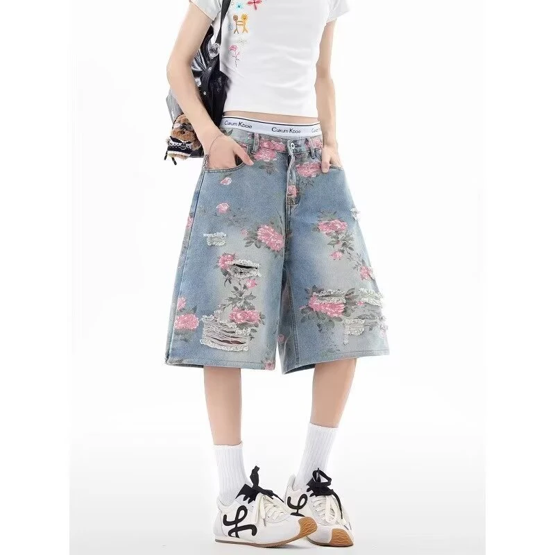 美式高街vibe花卉破洞牛仔短裤男女夏季潮流直筒阔腿裤痞帅七分裤