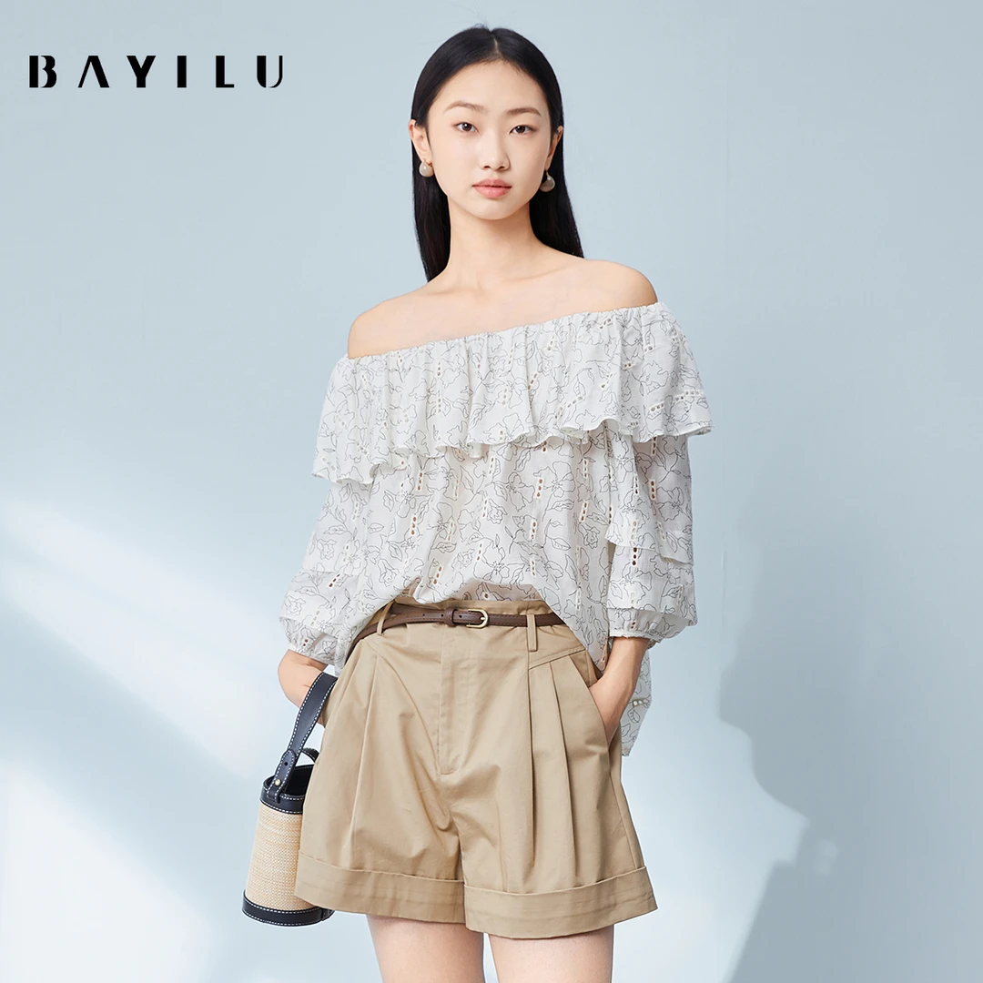 【品牌】芭依璐夏季上衣女镂空荷叶边一字肩露肩上衣90C1925