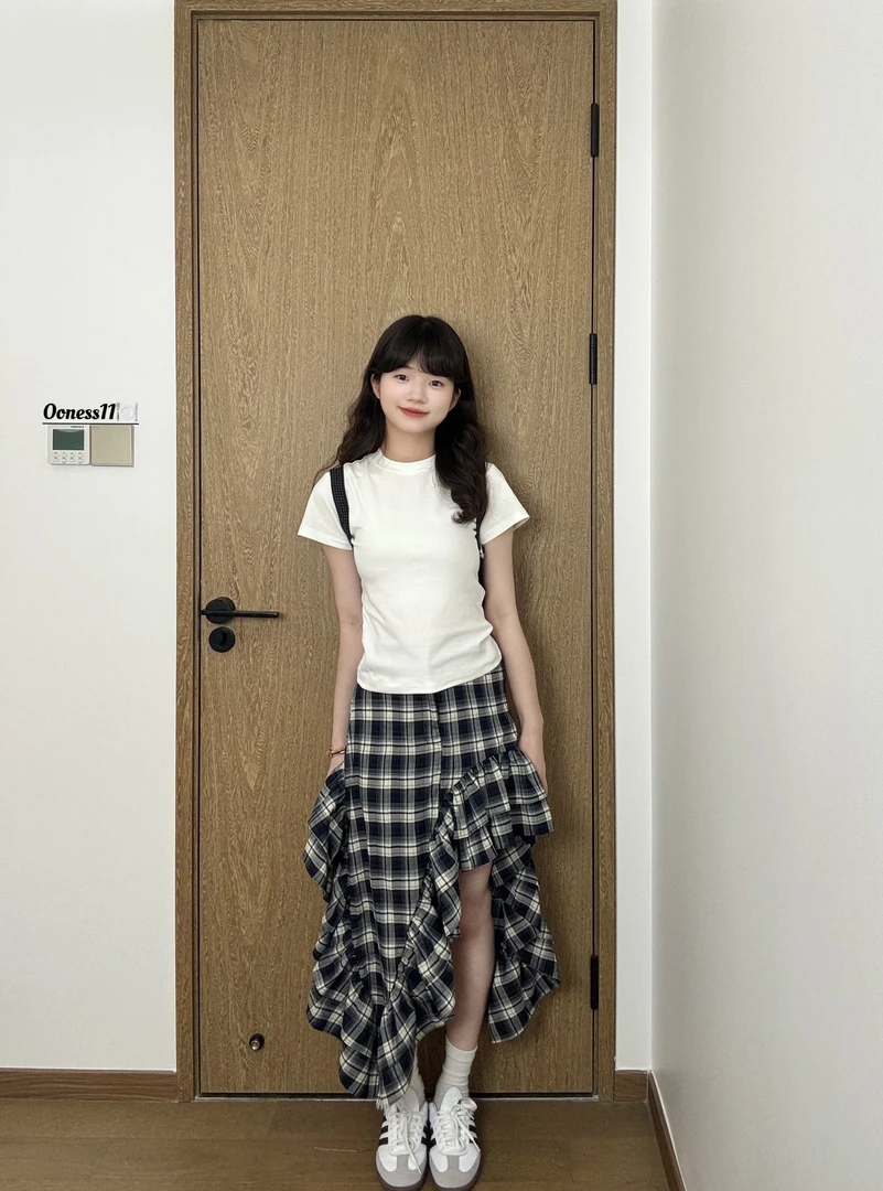 Oness春日依语<风迹格吟>不规则格纹高腰裙