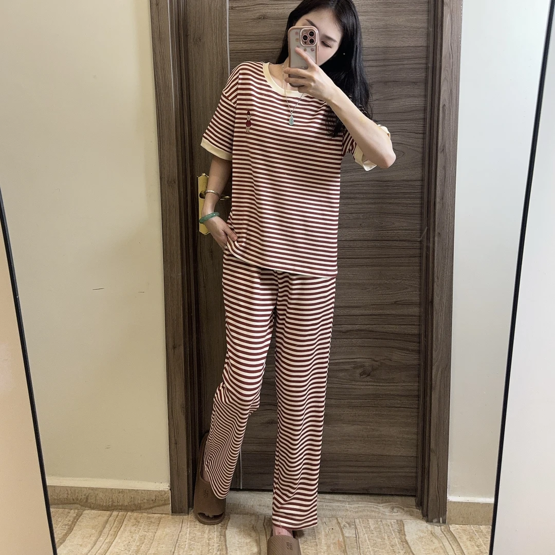 C{拍一发三}夏季新款纯棉短袖长裤 红色条纹经典懒人可外穿休闲