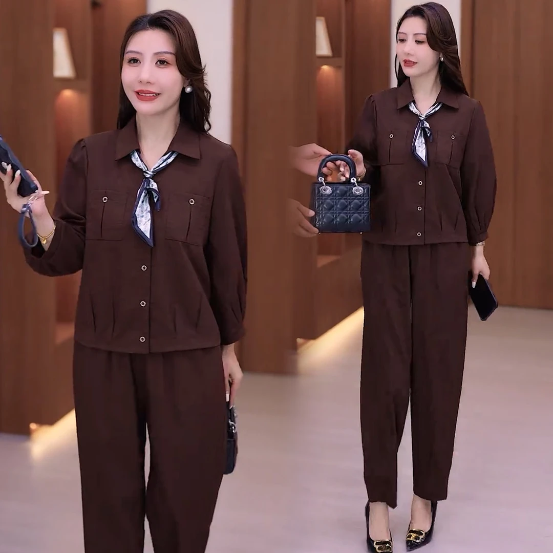 紫红休闲套装女2025秋季新款洋气显瘦遮肚丝带上衣阔腿裤两件套潮