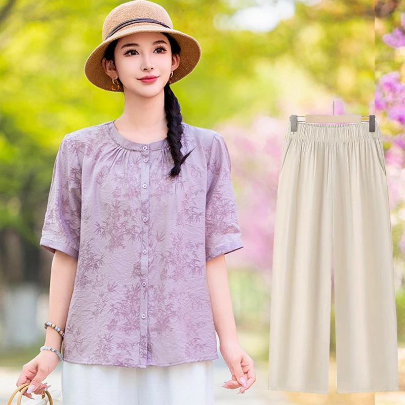 爆款妈妈装印花衬衫套装短袖开衫时尚中老年夏季宽松遮肚上衣