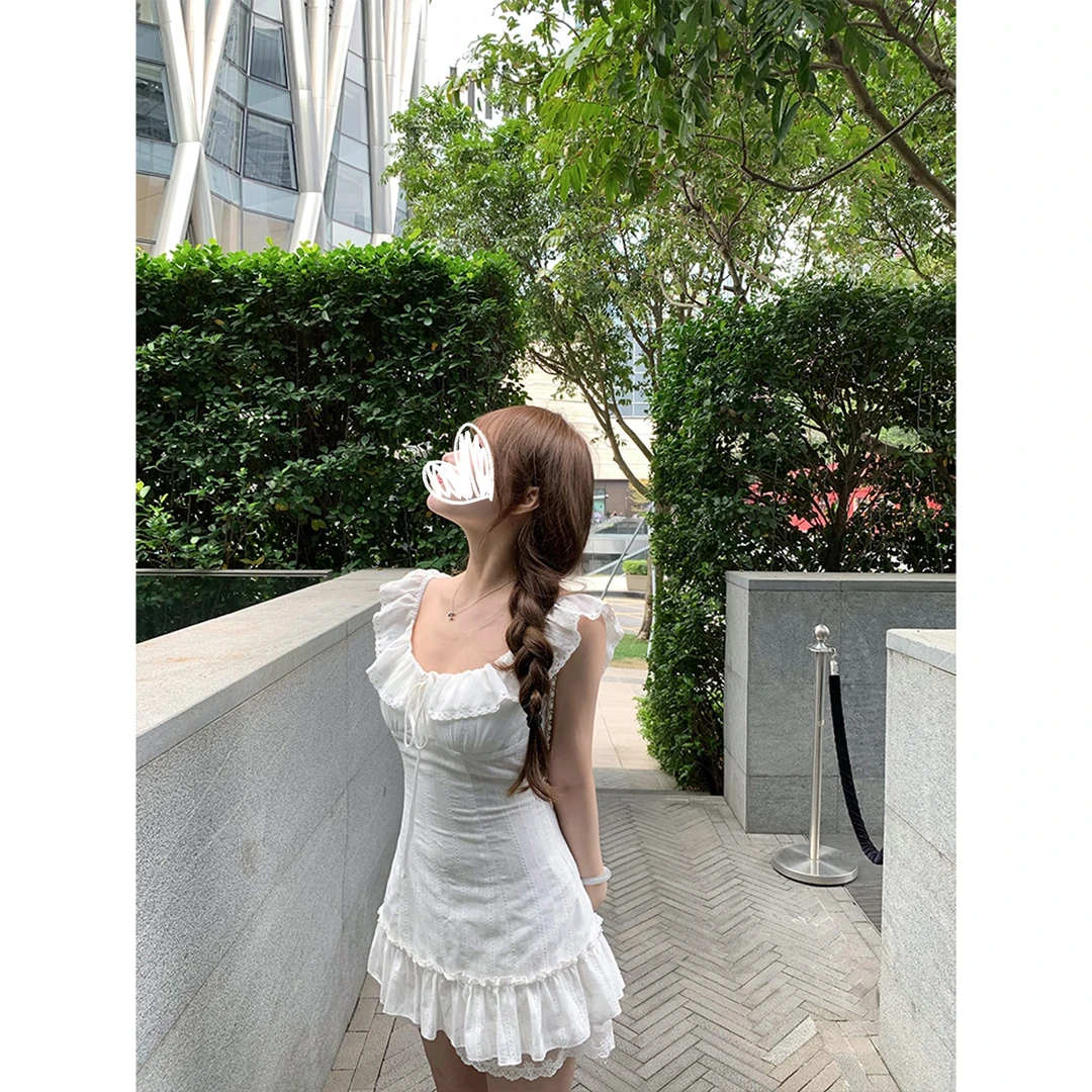 【绝美小白花】荷叶边小飞袖连衣裙女夏白色法式短款短裙子