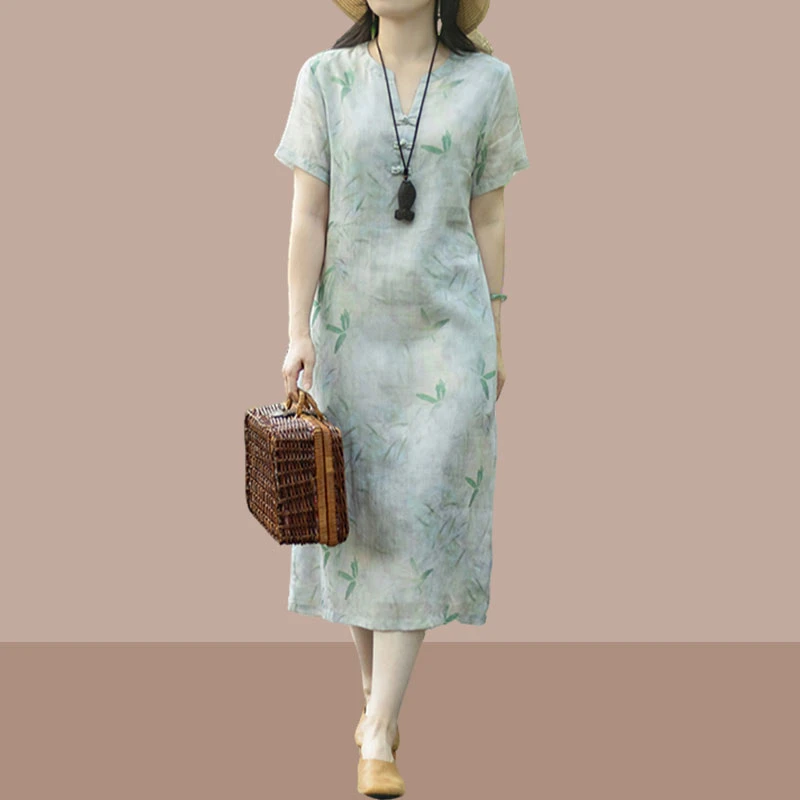 夏季时尚新款复古洋气新中式中国风V领印花新中式苎麻刺绣连衣裙