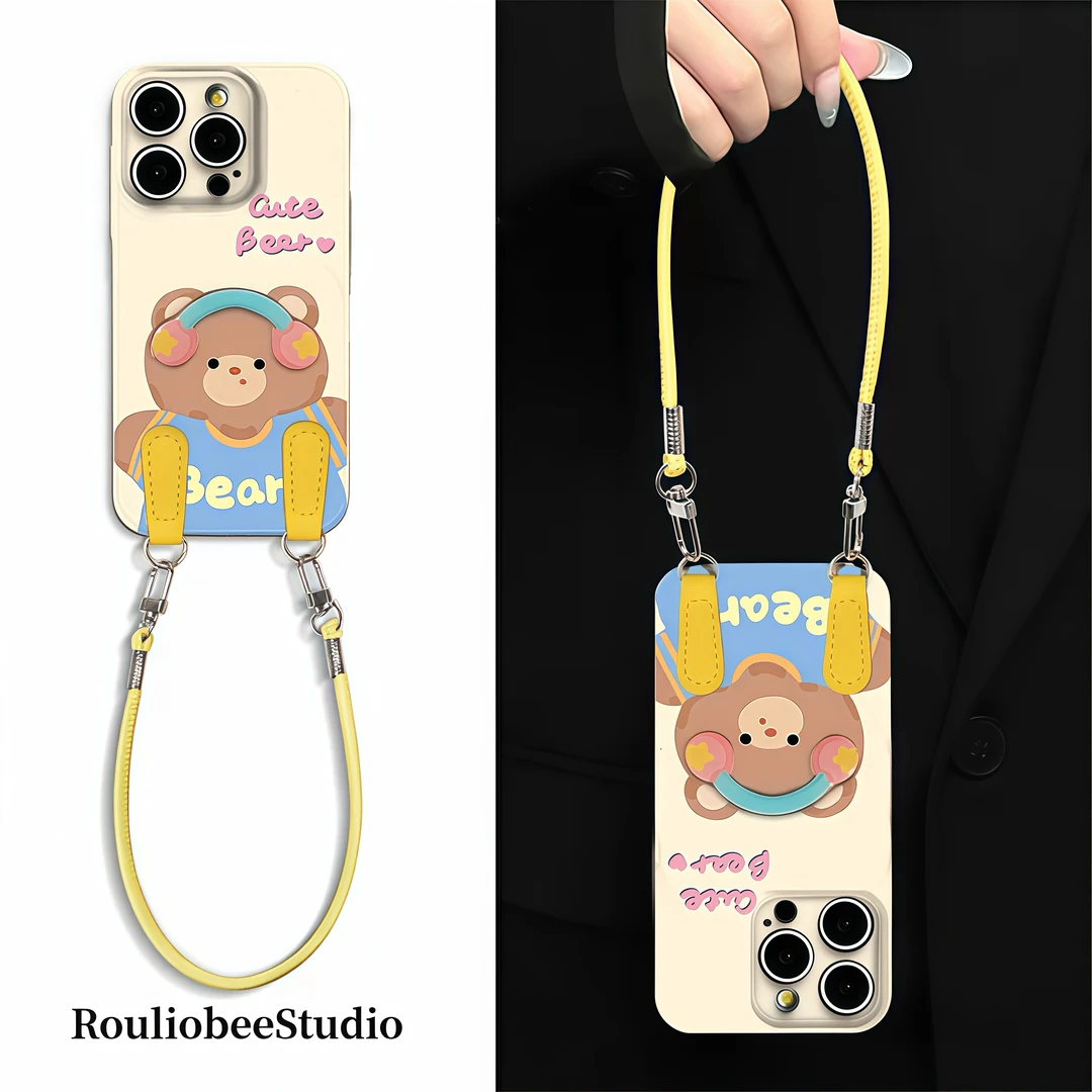 cute耳机小熊挂绳适用苹果16手机壳iPhone15小米14vivoppo华为p70