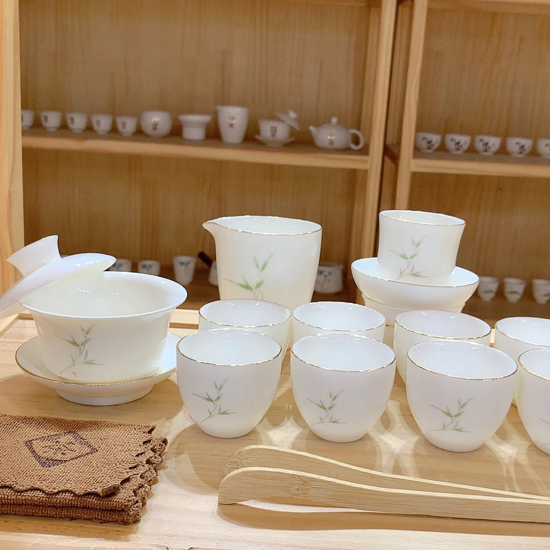 羊脂玉瓷竹报平安15件套功夫茶具