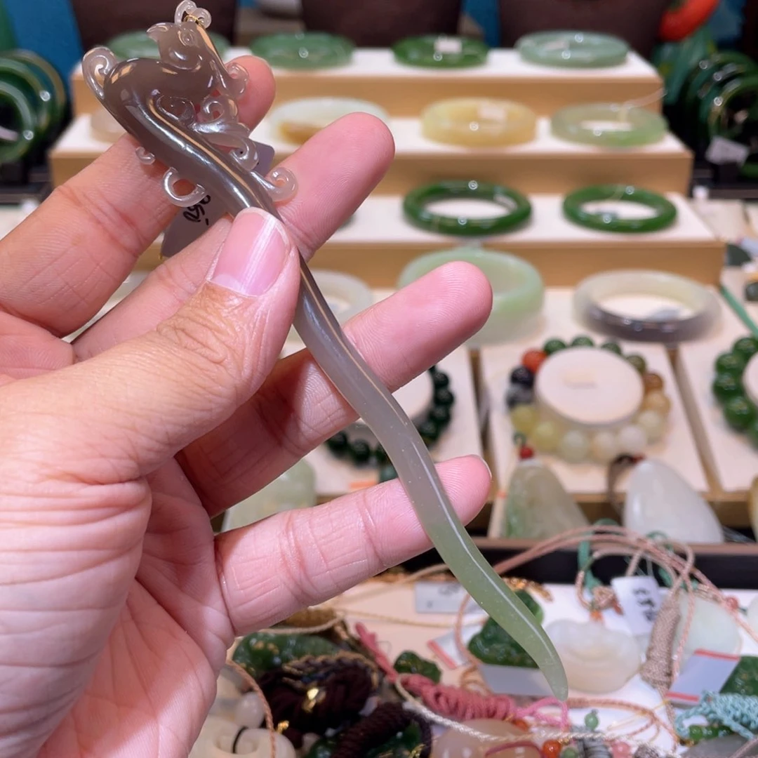 和田玉收藏级翠青发簪未镶嵌