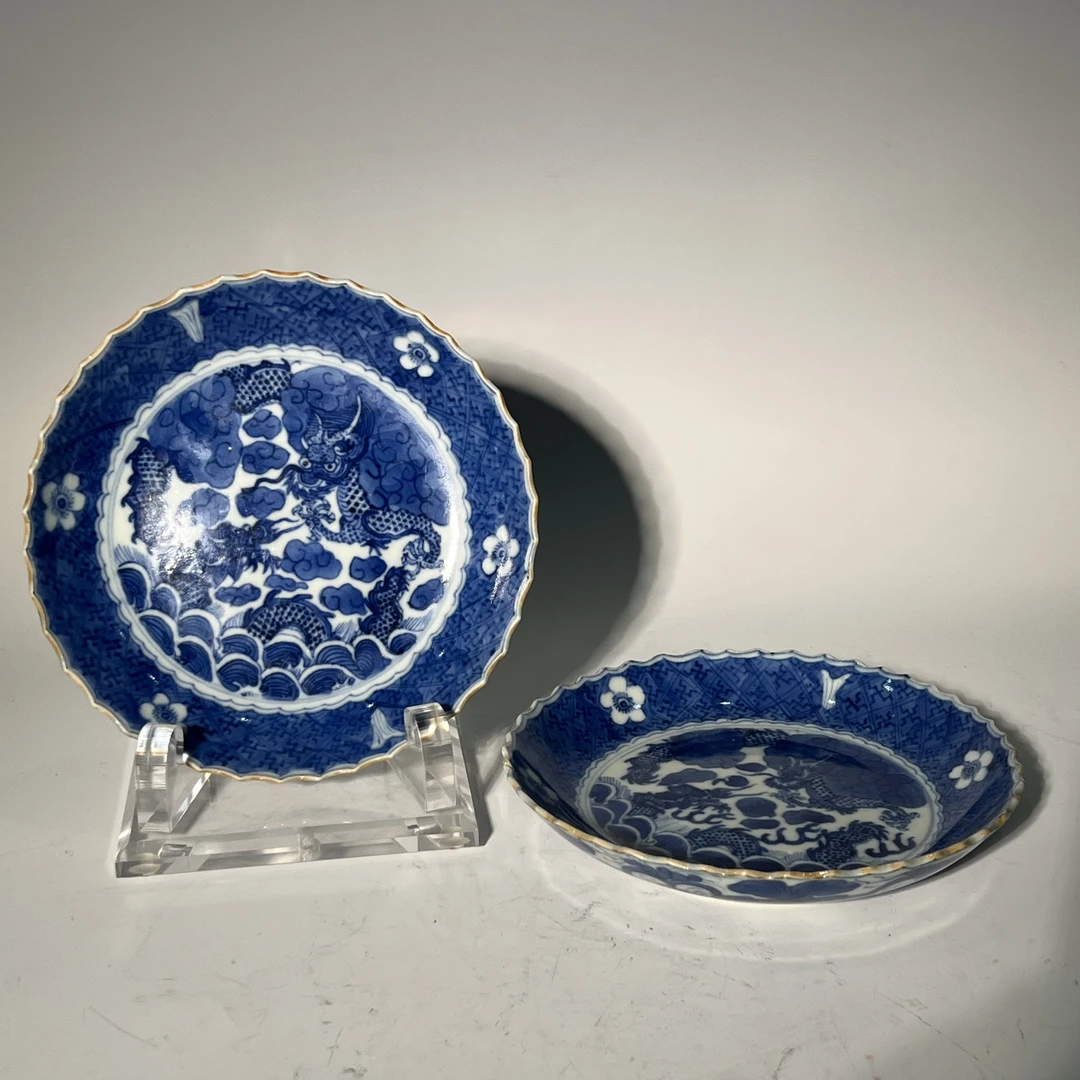 Q-清晚期 青花海水龙纹对盘 口径17.3 高度3.2