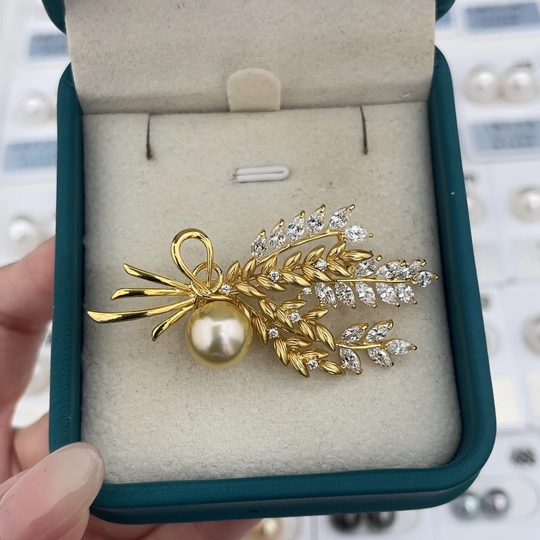定制海水珍珠未镶嵌裸珠南洋金珠胸针（成品不退不换）