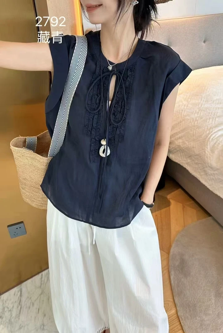 【婷姐家】2792欧货夏季新款韩版圆领木耳边系带飞飞袖