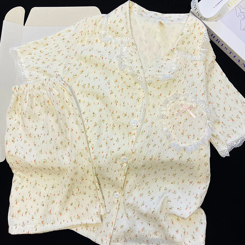 夏季新款碎花短袖三件套睡衣蕾丝花边云朵绵柔透气舒适女套装1979
