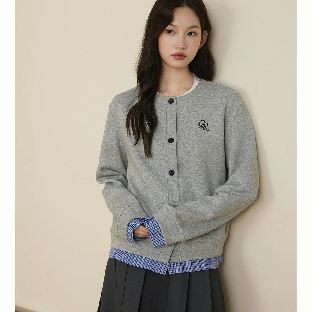 原野  假两件格子开衫卫衣女春秋休闲长袖上衣外套