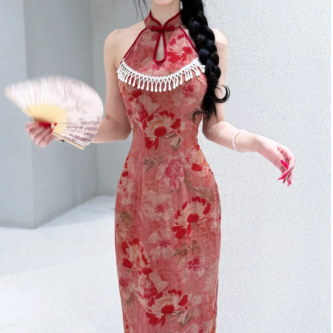 LHMknk1画报夫人原创自制新中式挖肩连衣裙旗袍  挖肩红颜一笑