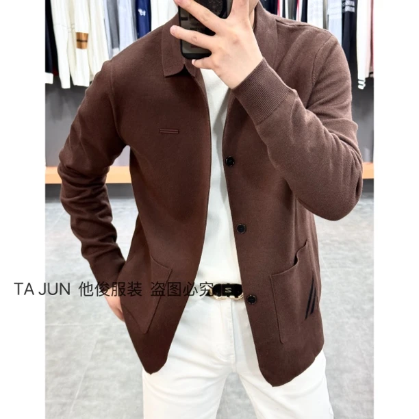 秋冬针织纯色翻领商务休闲百搭针织外套 78611