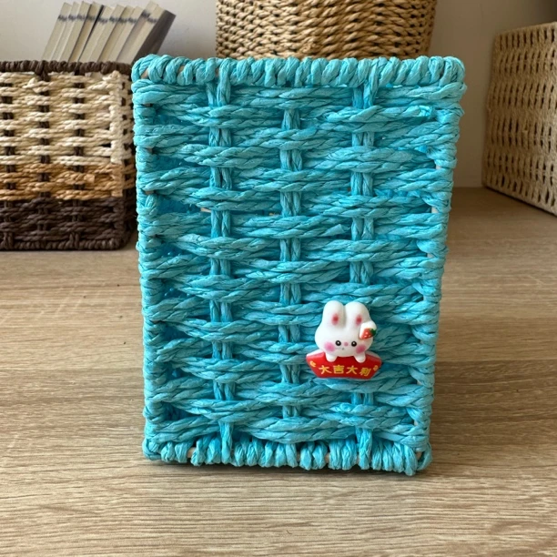 篮子收纳笔筒简约清新办公收纳盒藤编置物北欧家用文具收纳盒蓝色