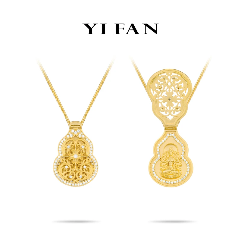 吊坠925银合成锆石 20188-金色雕纹葫芦镂空豪镶百搭项链