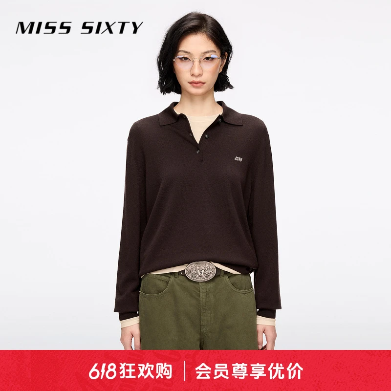 Miss Sixty2025春季新款绵羊毛针织衫女Polo领刺绣简约纯色上衣