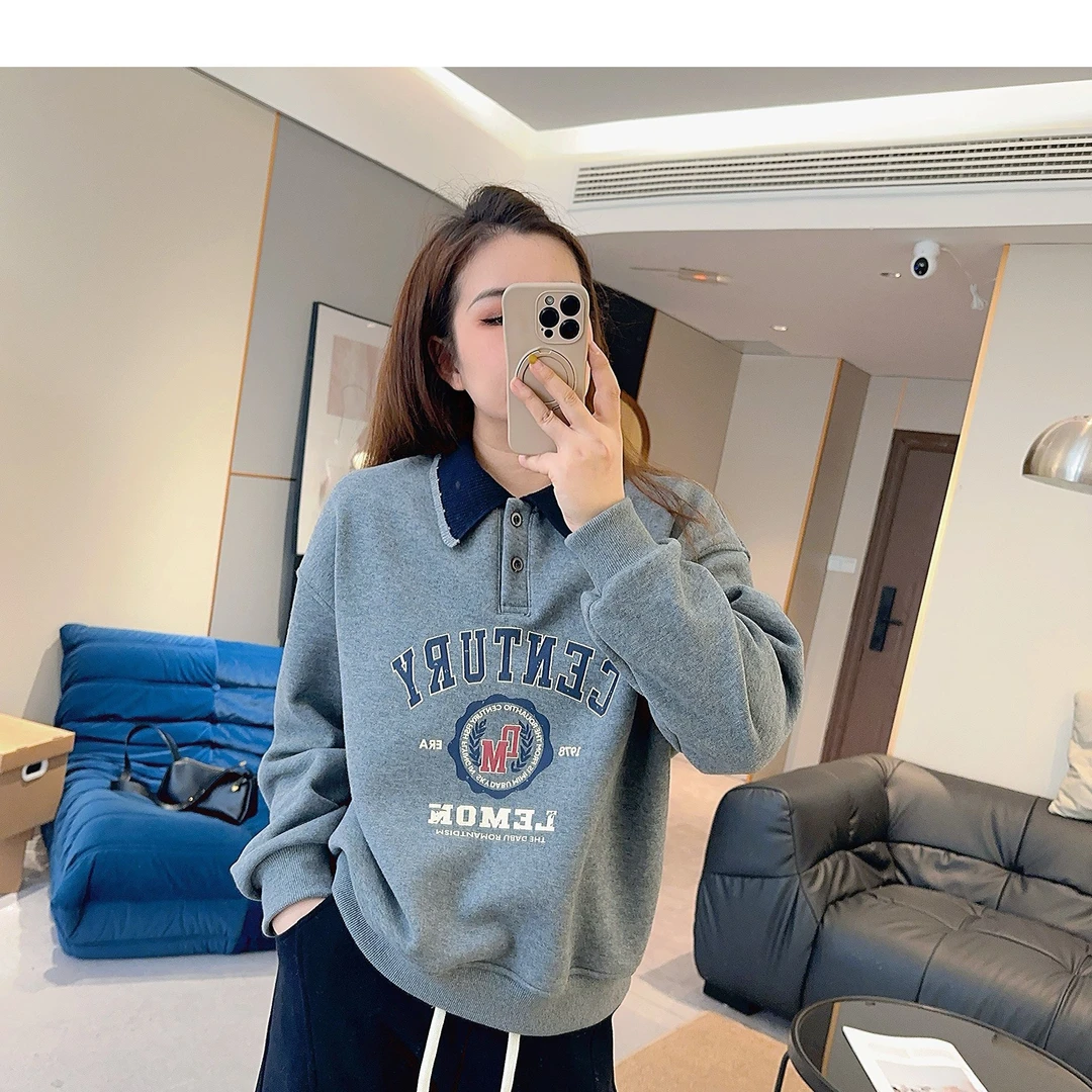 设计感撞色翻领字母正肩卫衣加绒宽松百搭 TH25103126