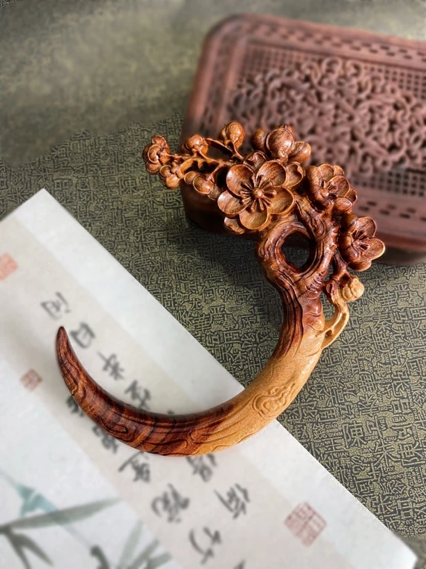 【原创】梅花玄月发簪双面立体雕刻精雕发饰