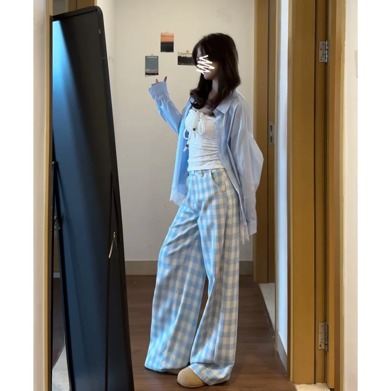 2025秋季新款女韩系穿搭翻领拼接蕾丝衬衫气质高腰显瘦格纹阔腿裤