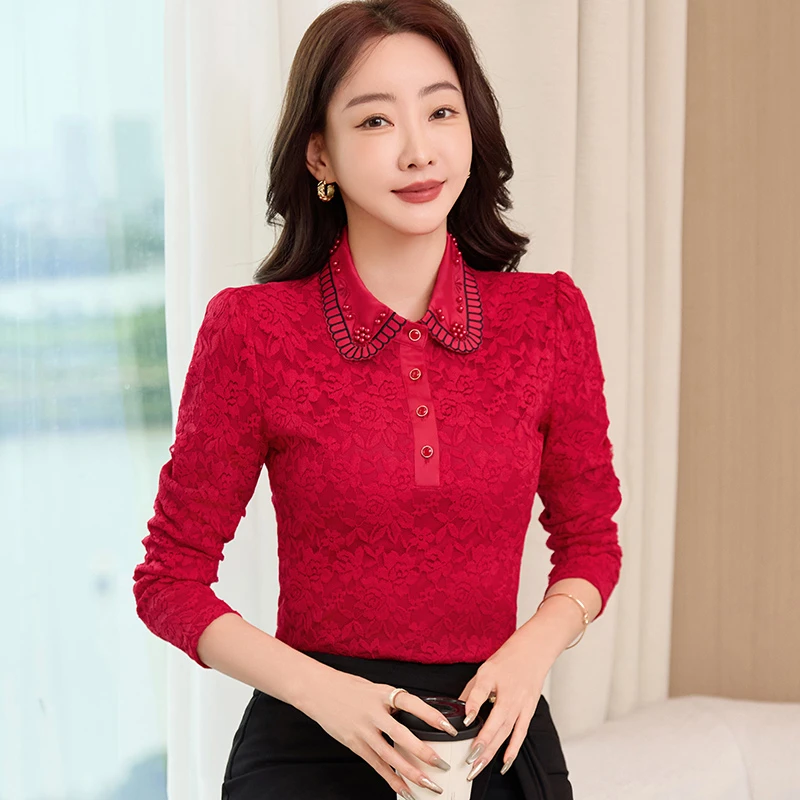 蕾丝衫长袖小衫大码修身中年妈妈遮肚衬衣秋冬加绒保暖上衣打底衫