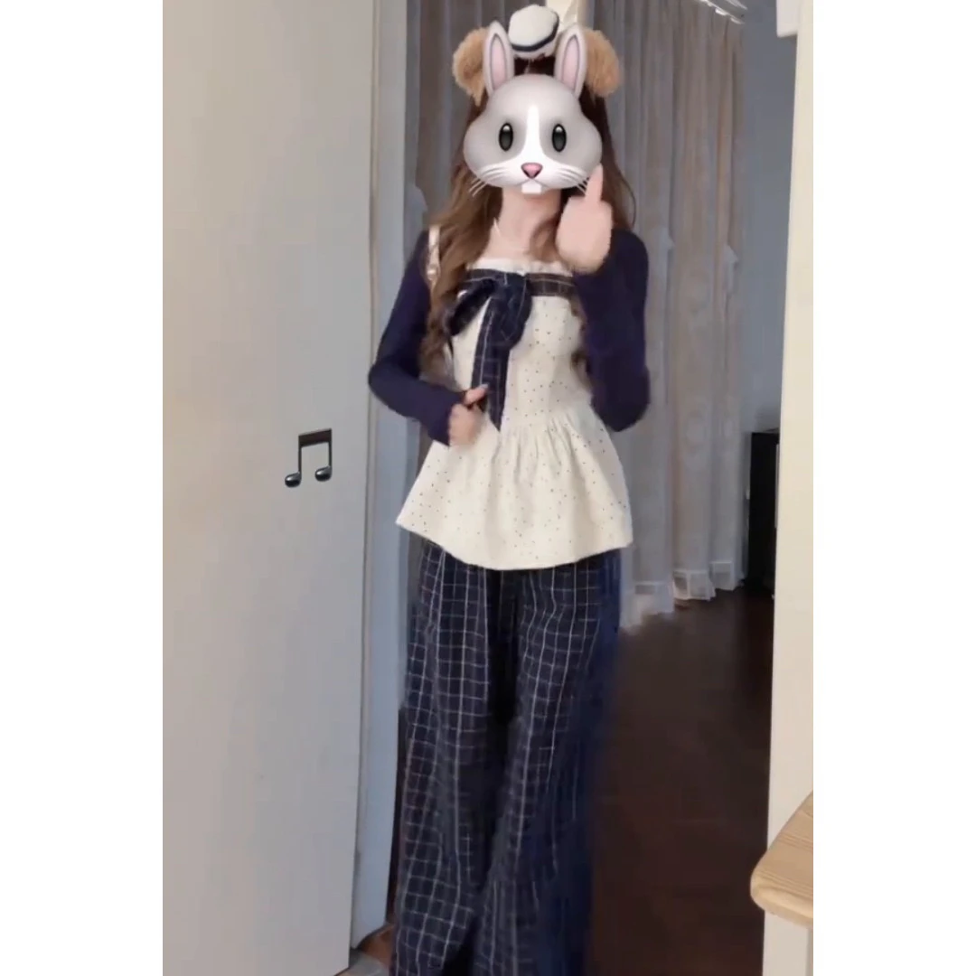 （老九专属）美少女风长袖开衫+蝴蝶结吊带上衣+格纹阔腿裤两件套装