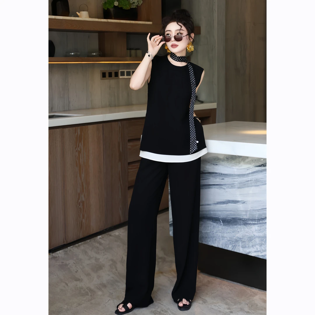 ZEROYK小香风套装女夏季设计感黑白撞色醋酸背心上衣直筒裤两件套
