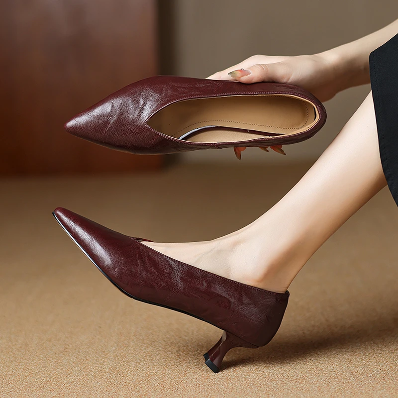5CM，羊皮中跟软皮单鞋气质秋季女鞋法式皮鞋时尚软皮浅口女高跟鞋
