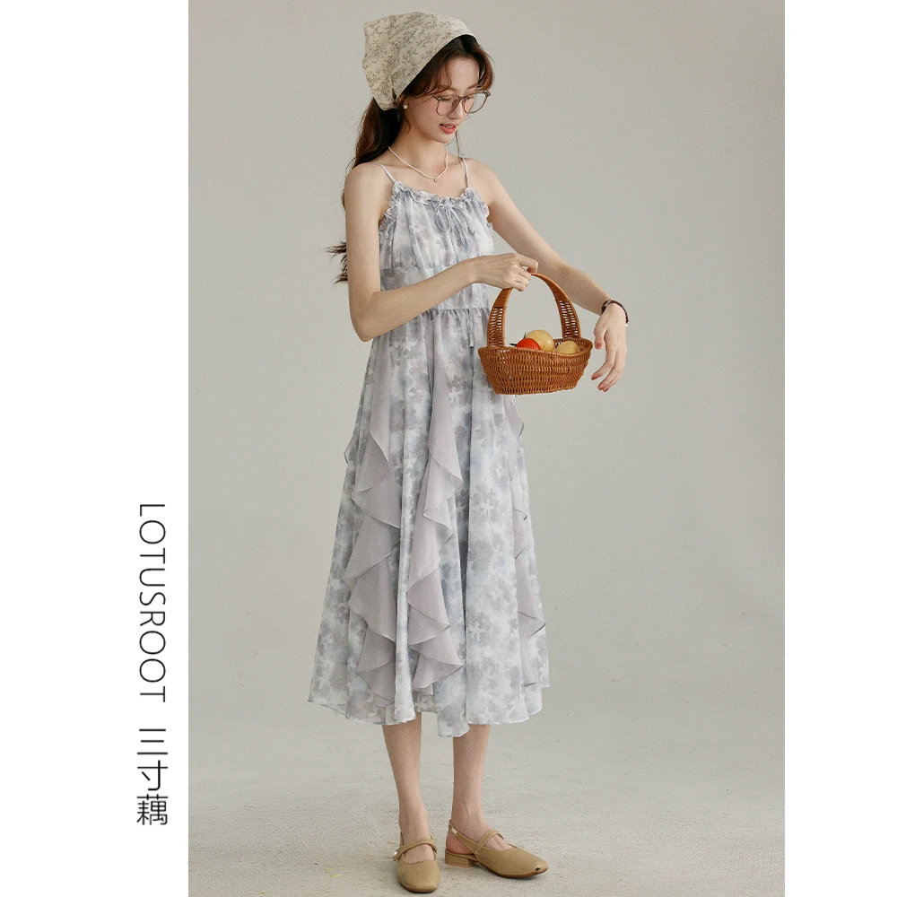【三寸藕】法式复古扎染吊带连衣夏显瘦减龄艺术感碎花收腰裙598
