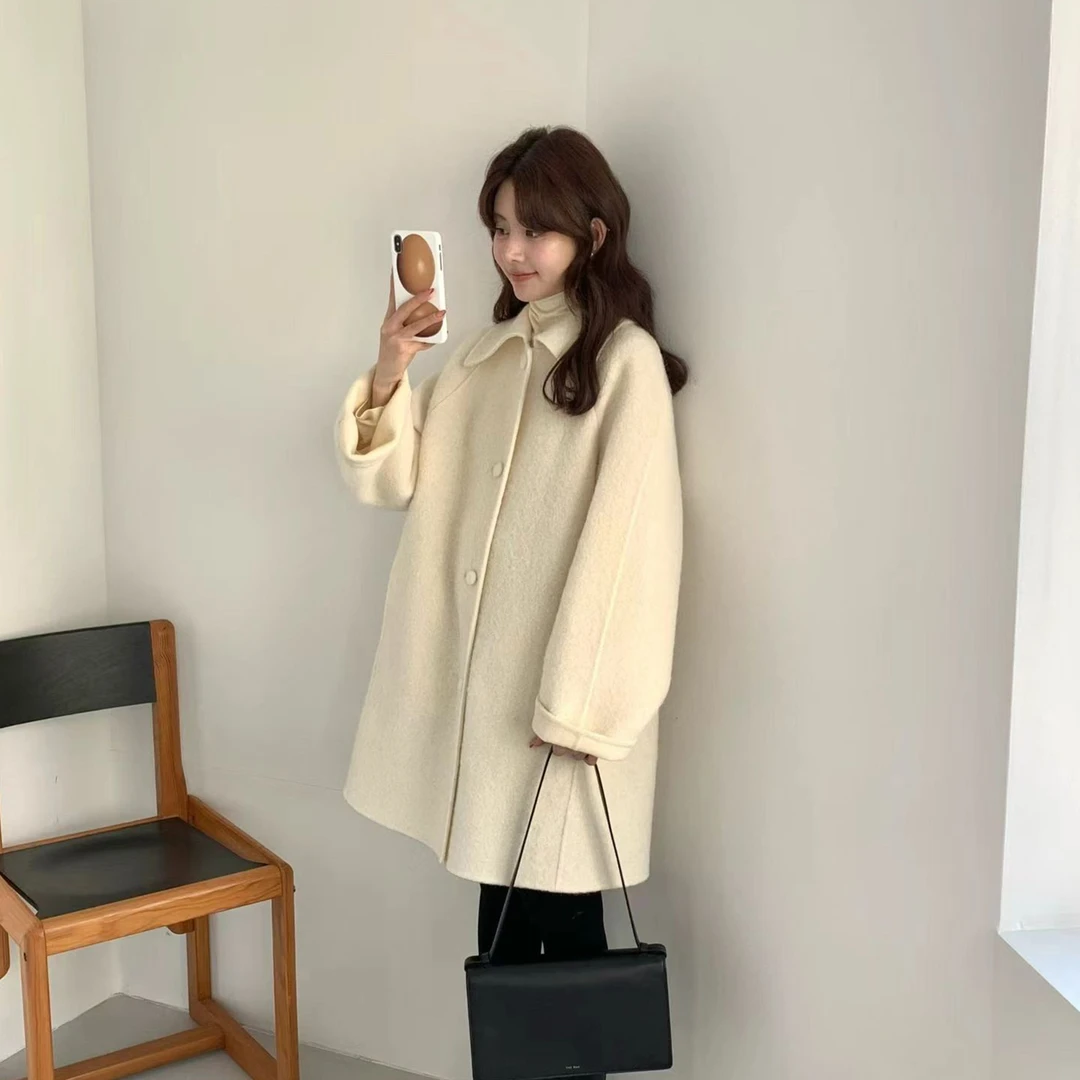 韩国东大门2025冬eg* 高品质气质翻领纯色复古翻领大衣女