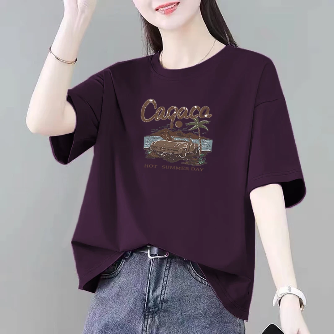 春装女款纯棉短袖t恤2025爆款时尚洋气半袖宽松大码百搭圆领上衣