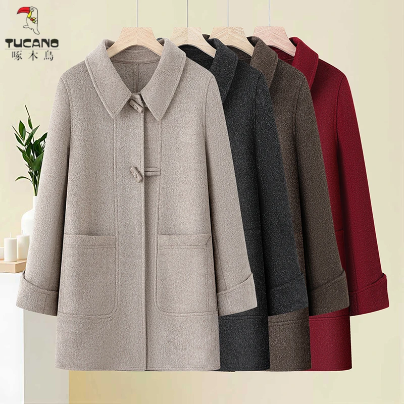 啄木鸟中老年高端双面毛呢外套2025年秋冬加厚中长款妈妈毛呢外套