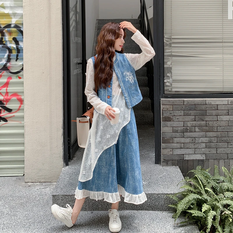 甜酷风马甲不规则蕾丝打底半裙套装2025春秋新款复古文艺范三件套