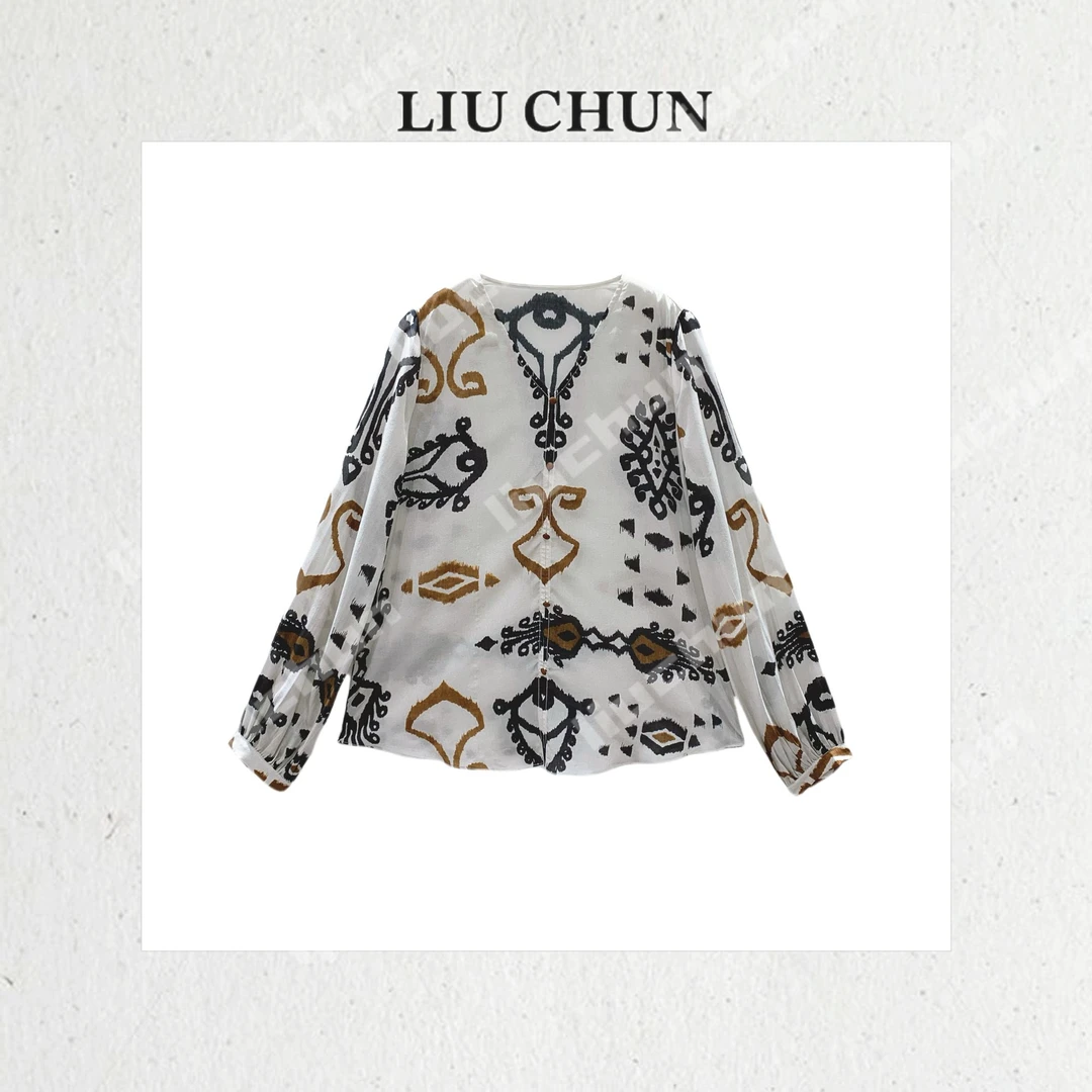 【波西米亚花纹】CHUN家显瘦气质长袖百搭桑蚕丝双绉上衣