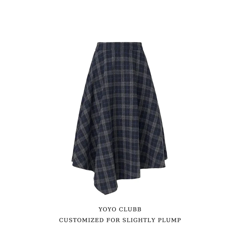 YOYO家“经典复古”混纺不规则磨毛格纹A字半裙