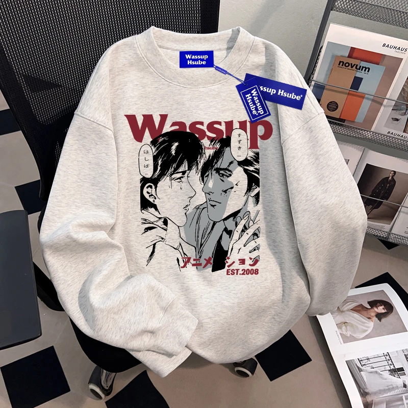 WASSUP HSUBE青少年高街潮酷长袖T恤早秋季宽松休闲体恤圆领上衣