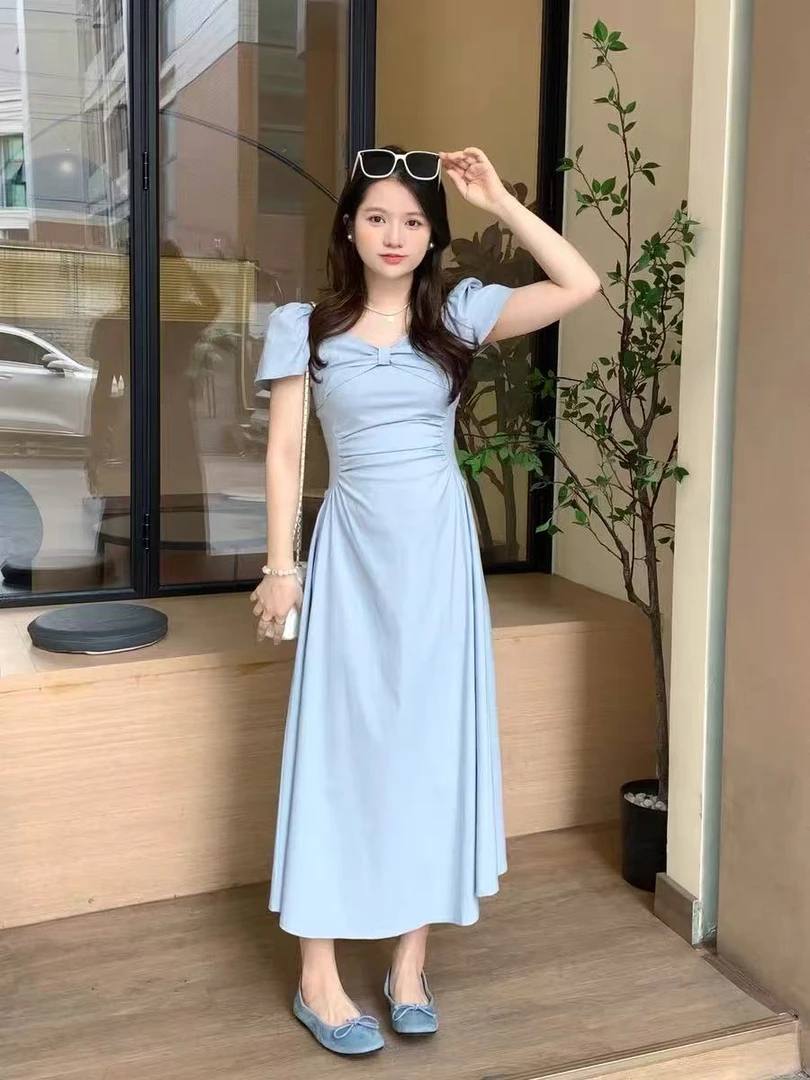 新款高端精致法式露肩紫色连衣裙领证小白赫本风连衣裙