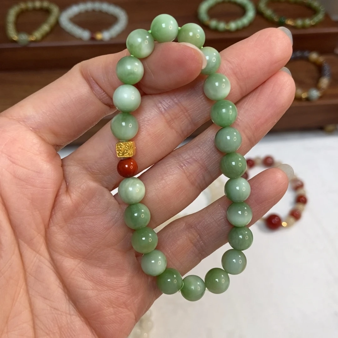 和田玉18K金镶嵌手链8mm黑阳洞碧玉精品猫