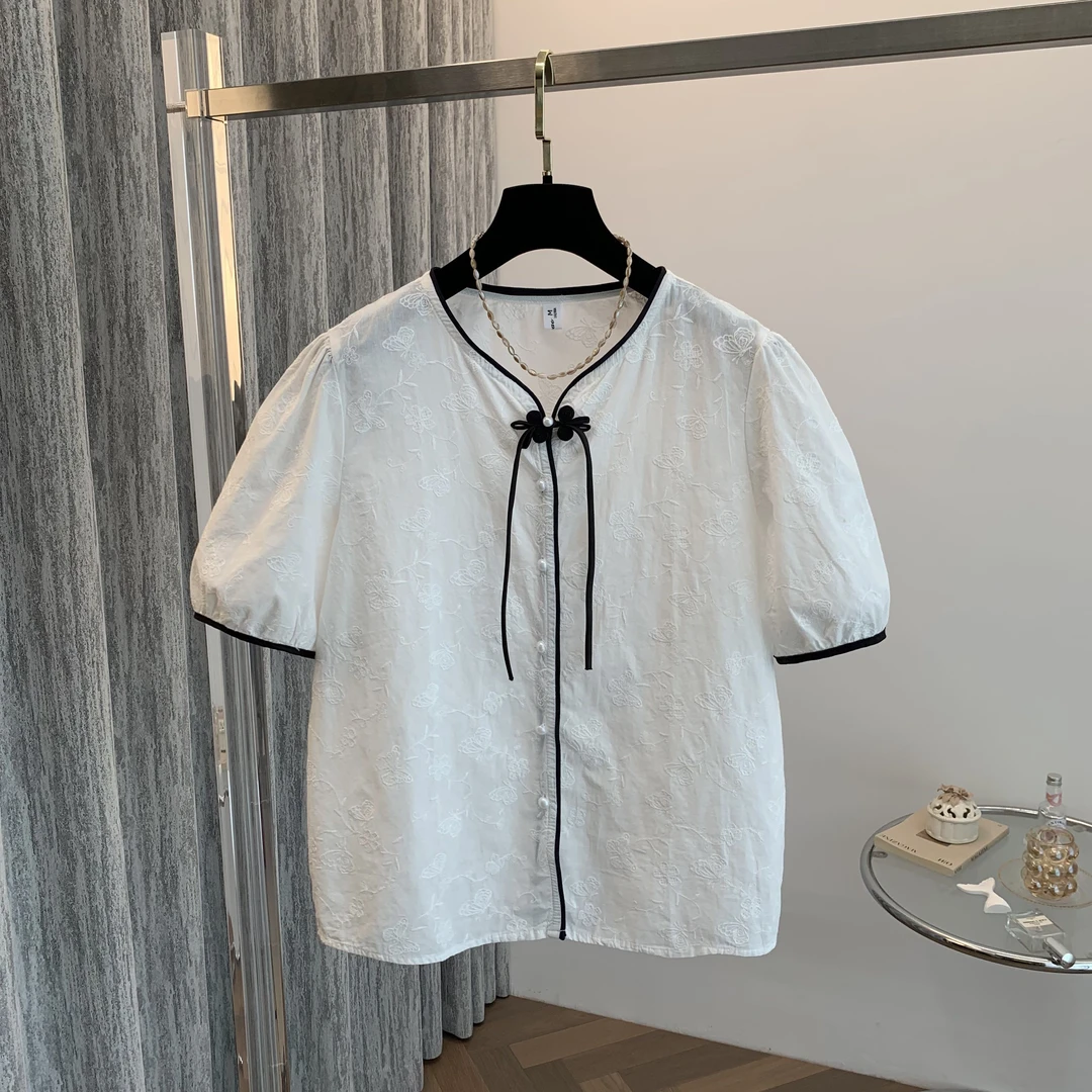 小众文艺优雅刺绣工艺女士衬衫精致盘扣蝴蝶结设计独特全棉衬衣