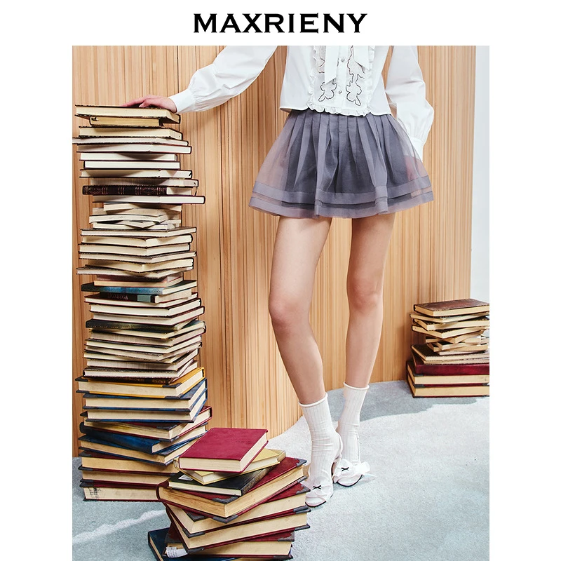 【商场同款-小雏菊系列】MAXRIENY百褶A摆简约格雷网纱压褶半裙
