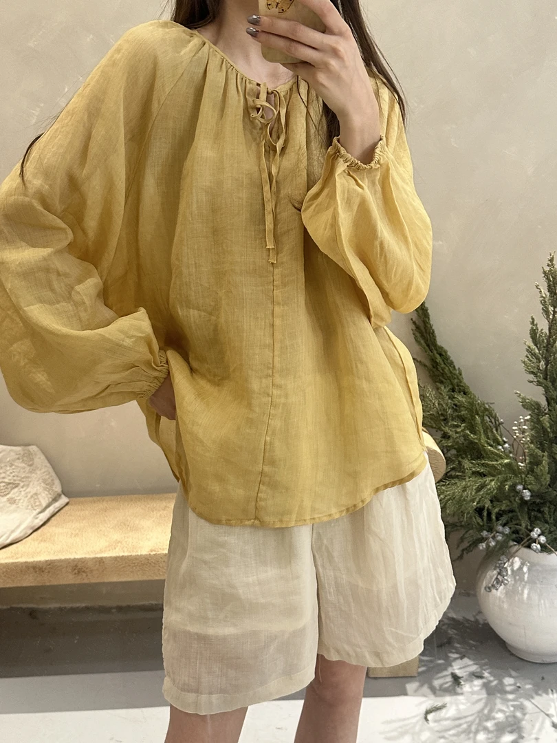 苎麻夏季灯笼袖长袖日系风薄款防晒常规衬衫上衣