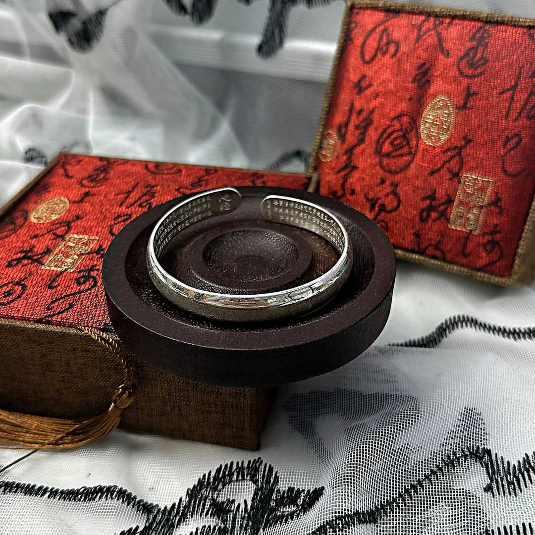 足银手镯 S091 开口亮面心经泥鳅背手镯经典百搭手工时尚复古